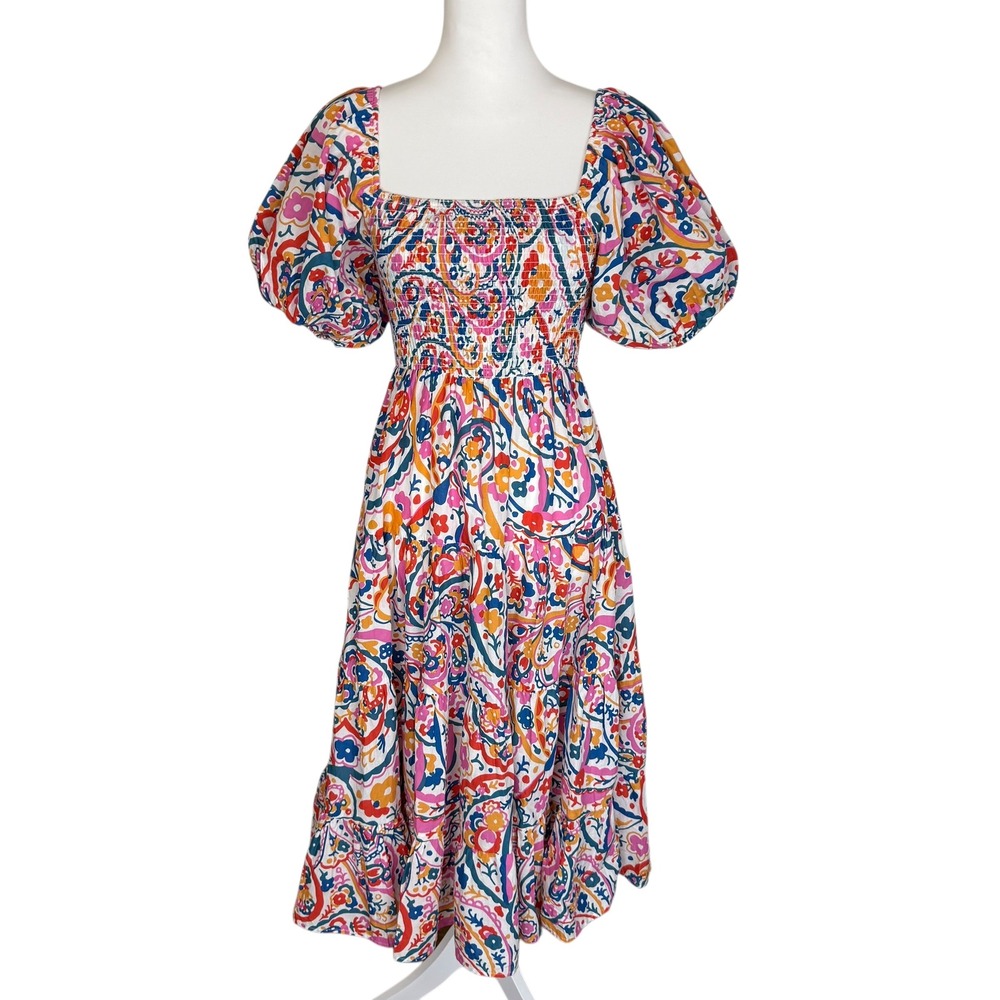 Pinch Smocked Puff Sleeve Midi Dress‎ Multi Color Paisley Cotton Womens Small